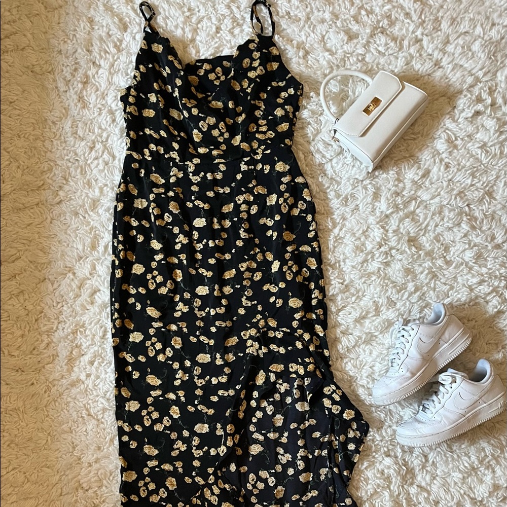 Missguided Floral Cami Ruffle Side Midi Dress